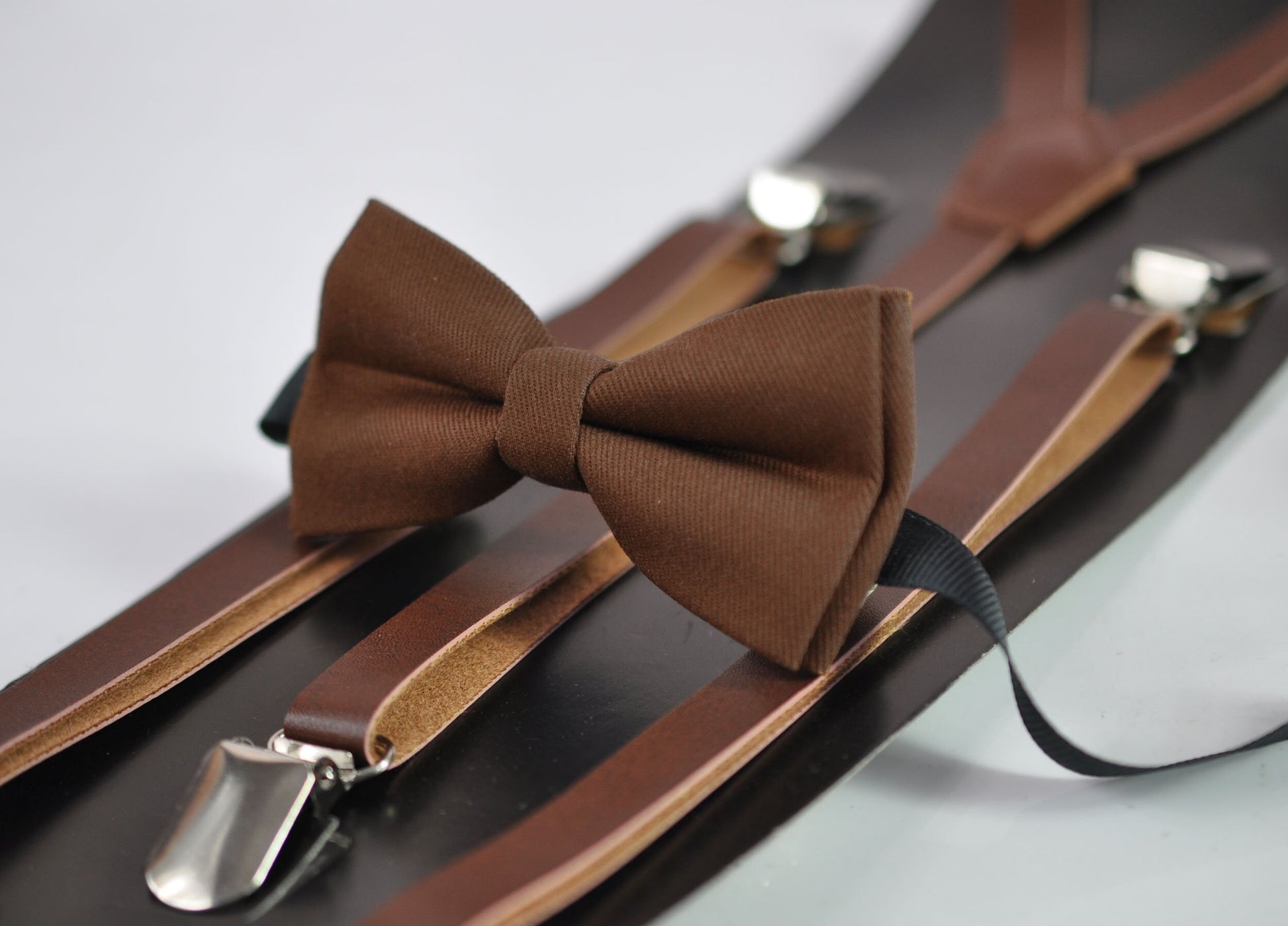 Toffee Brown Cotton Bow tie Bowtie + Faux Leather Skinny Suspenders Braces for Youth Teenage / Boy Kids / Toddler Baby infant
