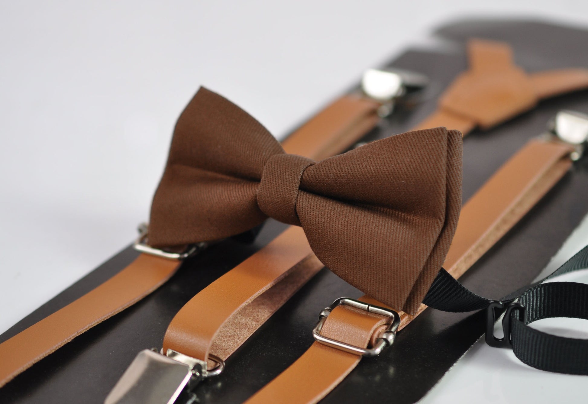 Toffee Brown Cotton Bow tie Bowtie + Tan Skinny Faux Leather Adjustable Suspenders Braces for Youth Teenage / Boy Kids / Infant toddler Baby