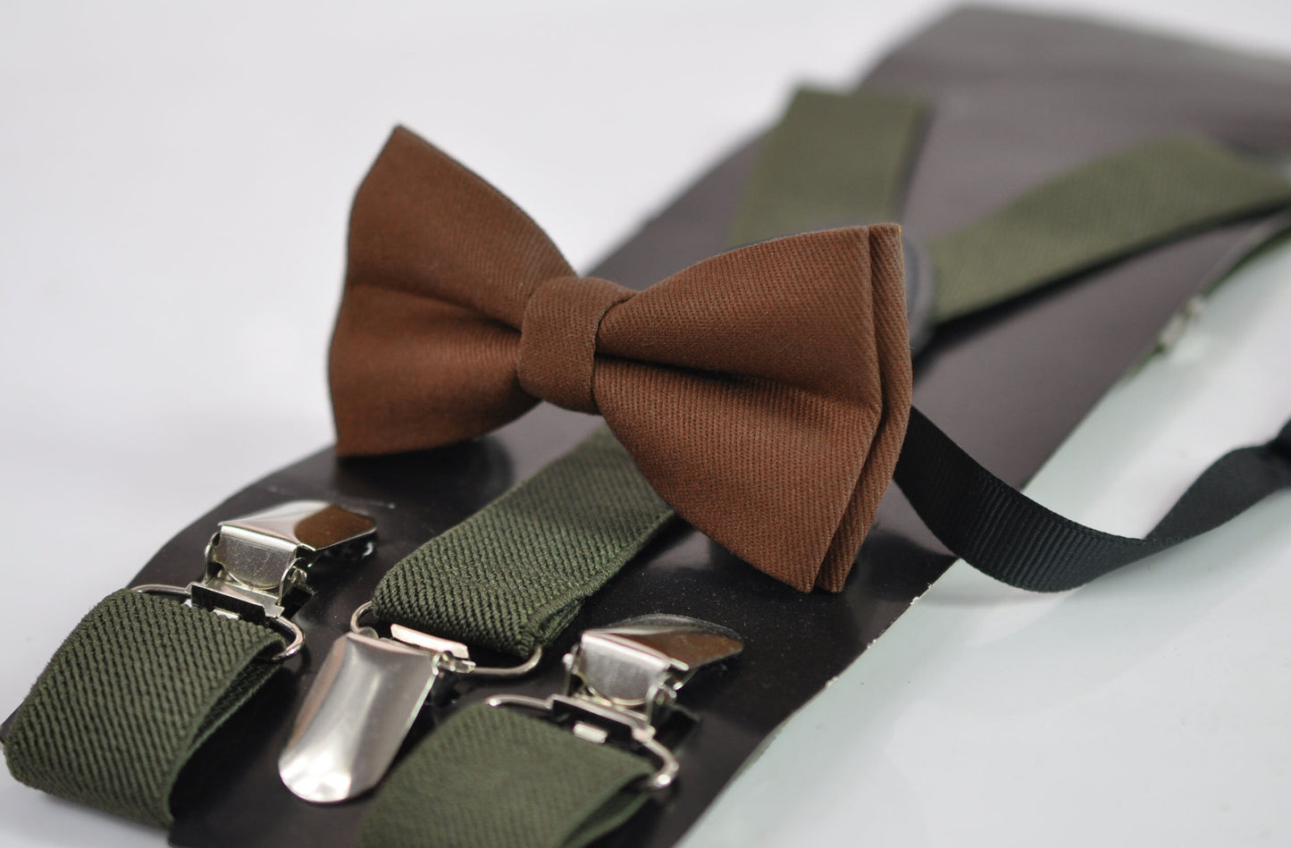 Toffee Brown Cotton Bow tie Bowtie + Army Green Elastic Suspenders Braces for Men Adult / Youth Teenage / Boy Kids / Baby Infant Toddler