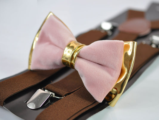 Dusty Pink Vevlet Gold Faux Leather Bow tie + Brown Elastic Suspenders Baraces for Men / Youth Teenage / Boy Kids / Baby Infant Toddler