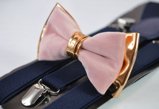 Dusty Pink Vevlet Rose Gold Faux Leather Bow tie + Navy Blue Elastic Suspenders Baraces for Men / Youth Teenage / Boy Kids / Baby Infant
