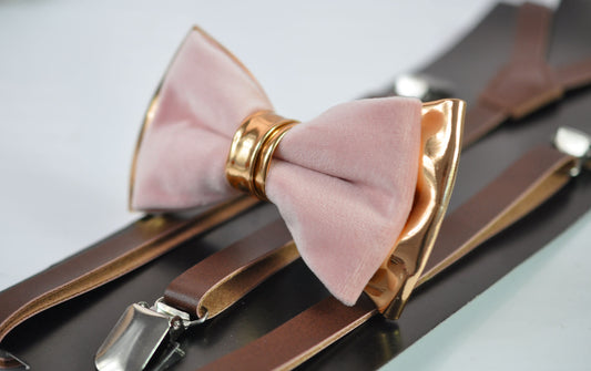 Dusty Pink Vevlet Rose Gold Faux Leather Bow tie + Brown Skinny Leather Suspenders braces for Youth Teenage / Boy Kids / Baby Infant Toddler