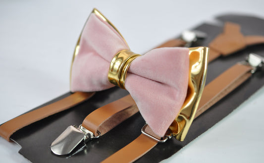 Dusty Pink Vevlet Gold Faux Leather Bow tie + Brown Tan Leather Skinny Suspenders braces for Youth Teenage / Boy Kids / Baby Infant Toddler