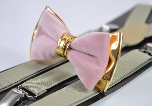 Dusty Pink Vevlet and Gold Faux Leather Bow tie + Khaki Beige Elastic Suspenders Baraces for Men / Youth / Boy Kids / Baby Infant Toddler
