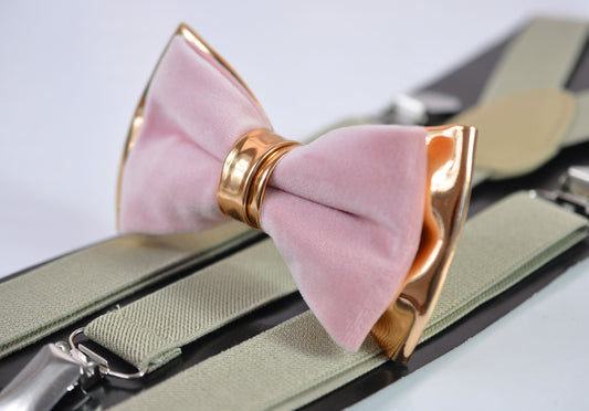 Dusty Pink Vevlet Rose Gold Faux Leather Bow tie + Khaki Beige Elastic Suspenders Baraces for Men / Youth / Boy Kids / Baby Infant Toddler