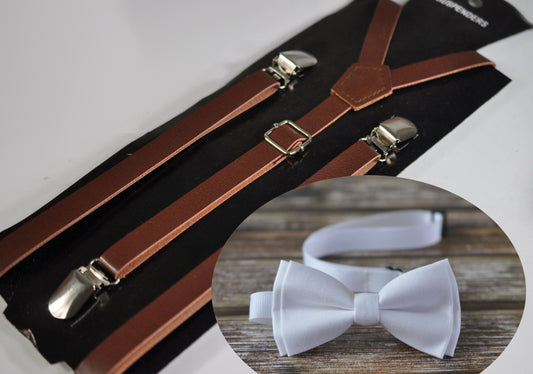 White Cotton Bow tie + Brown Faux Leather Adjsutable Skinny Suspenders Braces for Youth Teenage / Boy Kids / Baby Infant Toddler