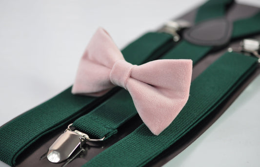 Blush Dusty Pink Velvet Bow tie + Emerald Green Elastic Suspenders Braces for Men Adult / Youth Teenage / Boy Kids / Baby Infant Todler