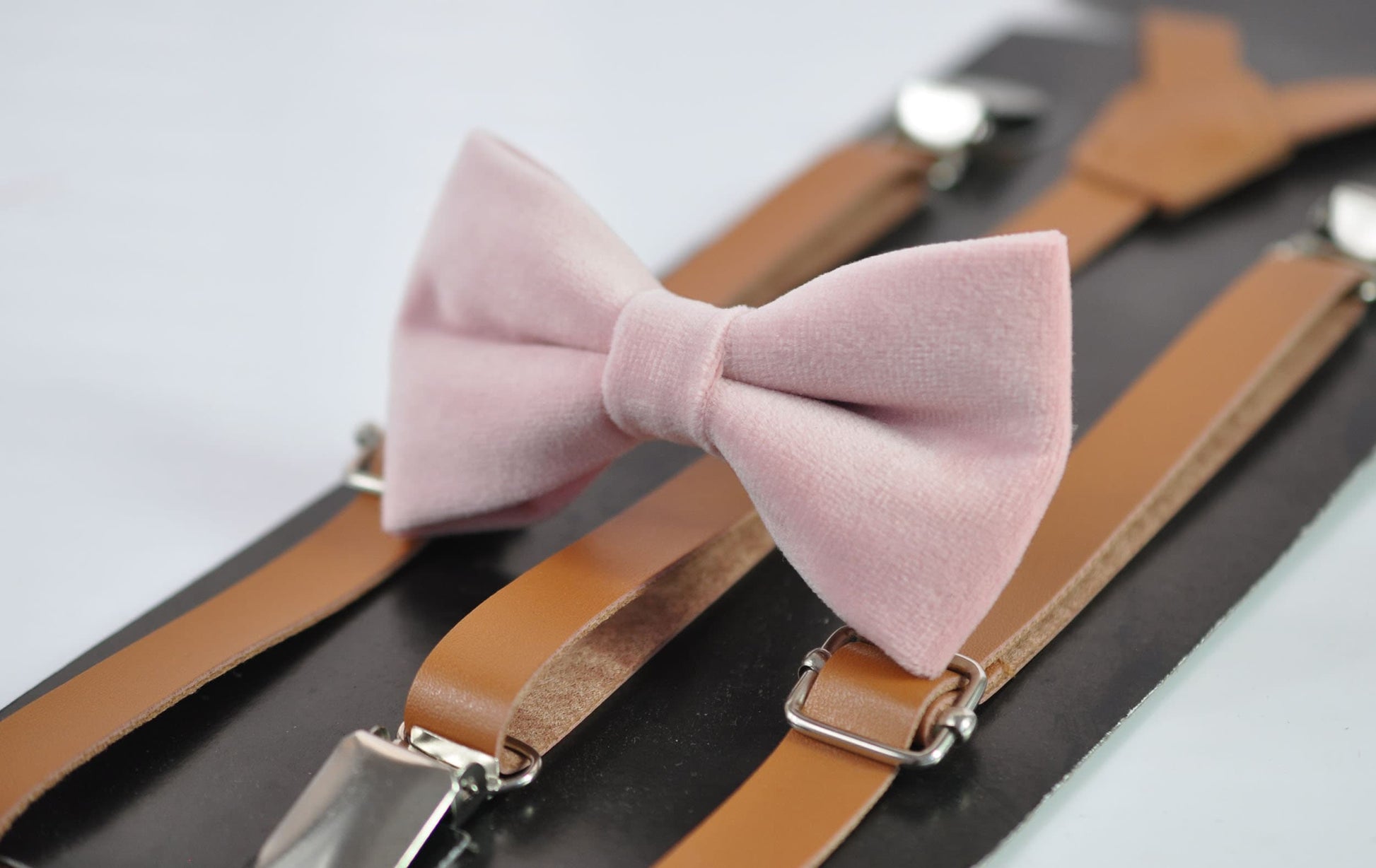 Blush Dusty Pink Velvet Bow tie + Tan Brown Skinny Faux Leather Suspenders Braces for Youth Teenage / Boy Kids / Baby Infant Todler