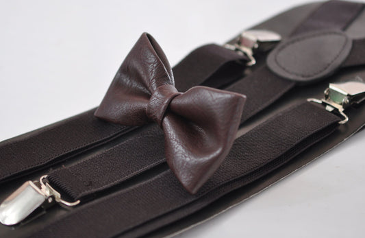 Dark Brown Faux Leather Bow tie + Matched Brown Coffee Elastic Suspenders Braces for Baby infant / Boy Kids / Youth Teenage / Adult