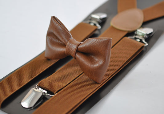 Toffee Brown Faux Leather Bow tie + Matched Elastic Suspenders Braces for Baby infant Toddler / Boy Kids / Youth Teenage / Adult Men