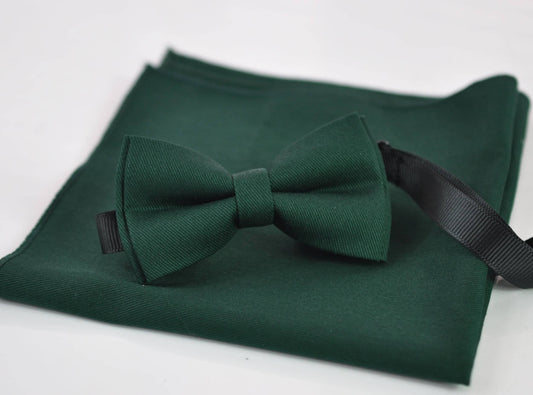 Dark Emerald Green COTTON Bow tie Bowtie + matched pocket Square Hanky Handkerchief Wedding for Men / Youth / Boys Kids / Baby Infant