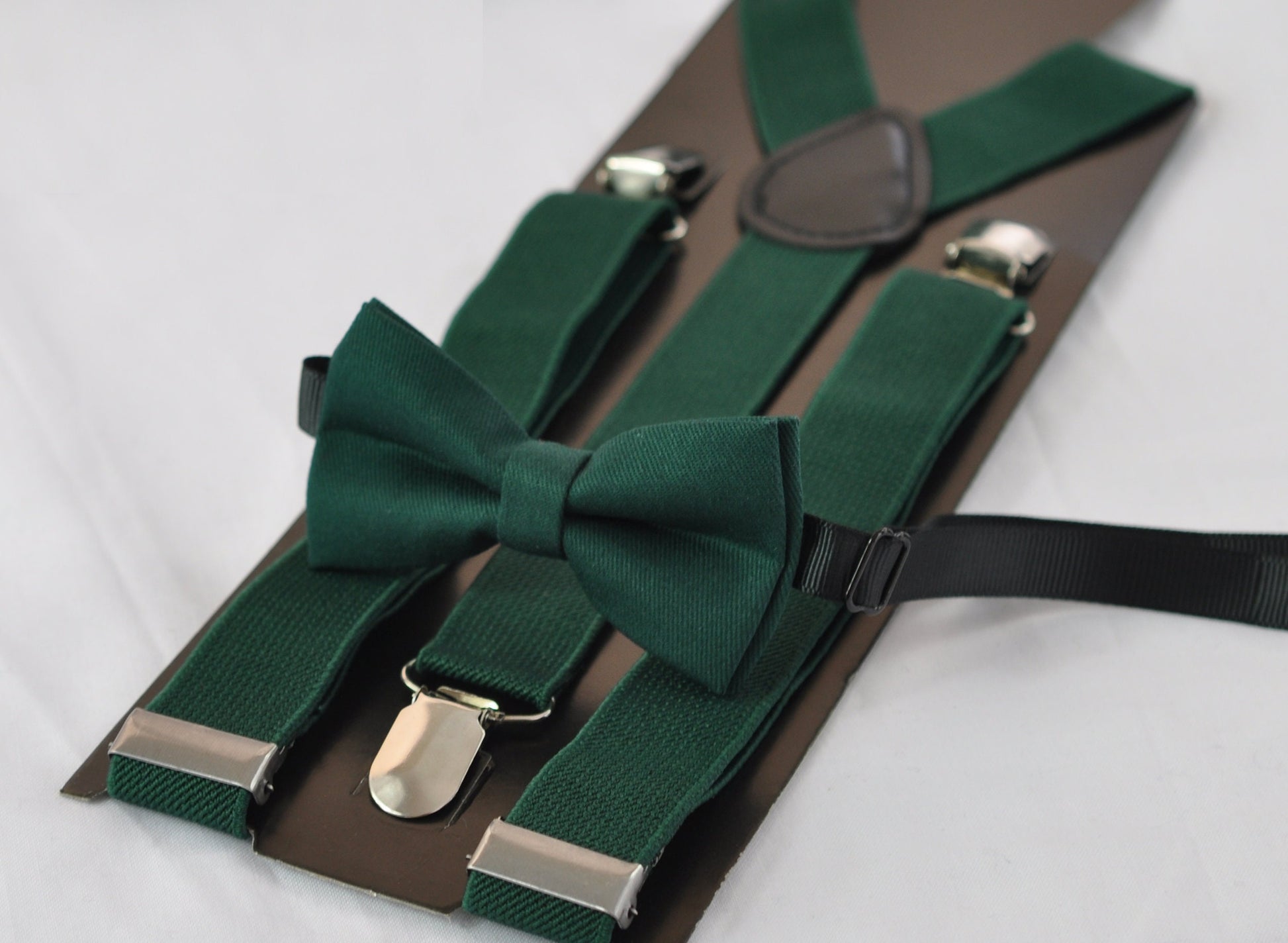 Dark Emerald Green Cotton Bow tie + Elastic Suspenders Braces + Pocket Square Hanky Handkerchief for Men / Youth / Boys Kids / Baby Infant