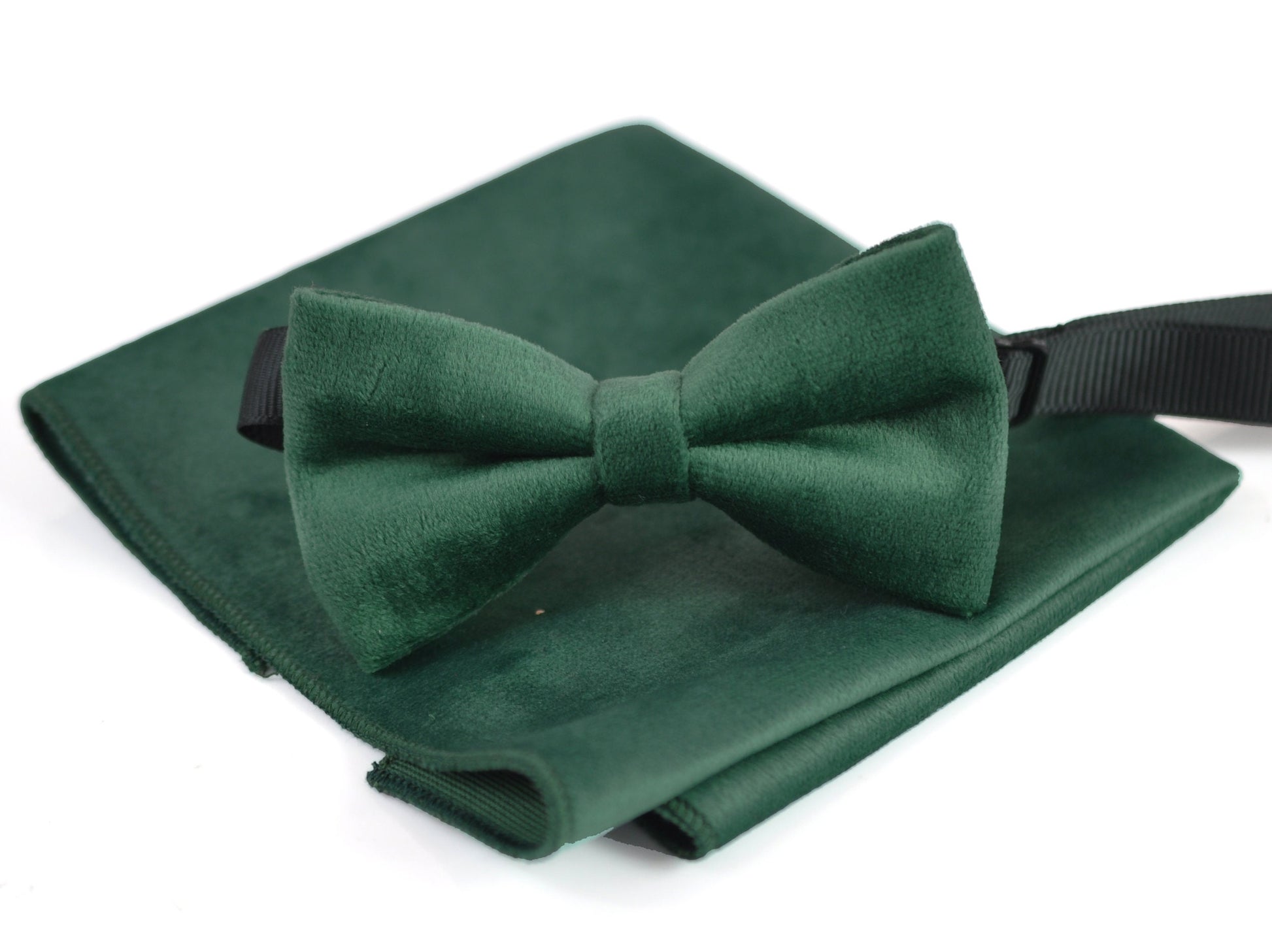 Emerald Green Dark Green Velvet Bow tie Bowtie + Pocket Square Hanky Handkerchief for Men / Youth Teenage / Boy Kids / Infant Toddler Baby