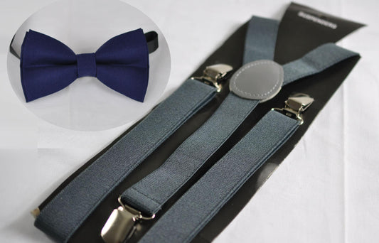 Navy Blue Cotton Bow tie + Dark Grey Gray Elastic Suspenders braces for Men Adult / Youth Teenage / Boys Kids / Baby Infant Toddler