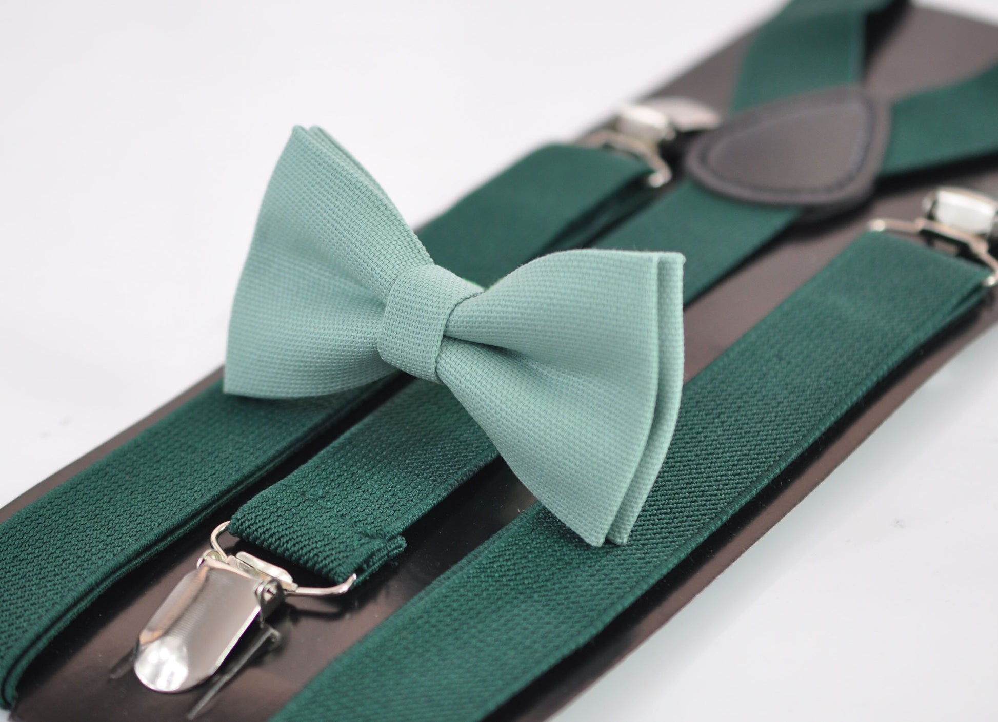 Sage Green Cotton Bow tie + Emerald Green Elastic Suspenders Braces for Men / Youth Teenage / Boy Kids / Baby Infant Toddler Wedding Prom