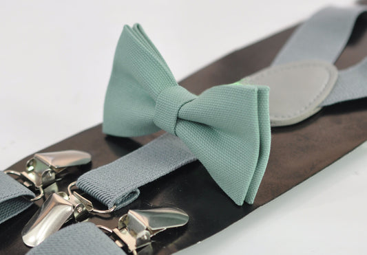 Sage Green Cotton Bow Tie + Light Grey Gray Elastic Suspenders Braces for Men Adult / Youth Teenage / Boy Kids / Baby Infant Toddler Wedding