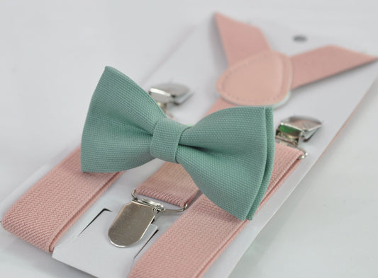 Sage Green Cotton Bow tie + Dusty Pink Elastic Suspenders Braces for Men Adult / Youth Teenage / Boy Kids / Baby Infant Toddler Wedding Prom