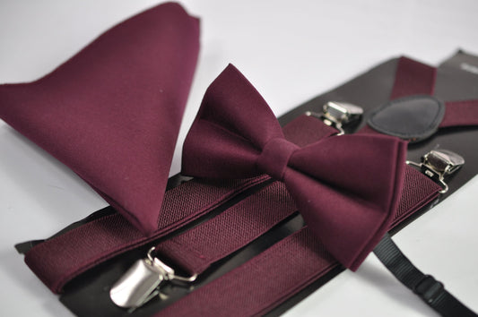 Burgundy Wine Red Cotton Bow tie + Elastic Suspenders Braces + Pocket Square Hanky Handkerchief for Men / Youth / Boys Kids / Baby Infant