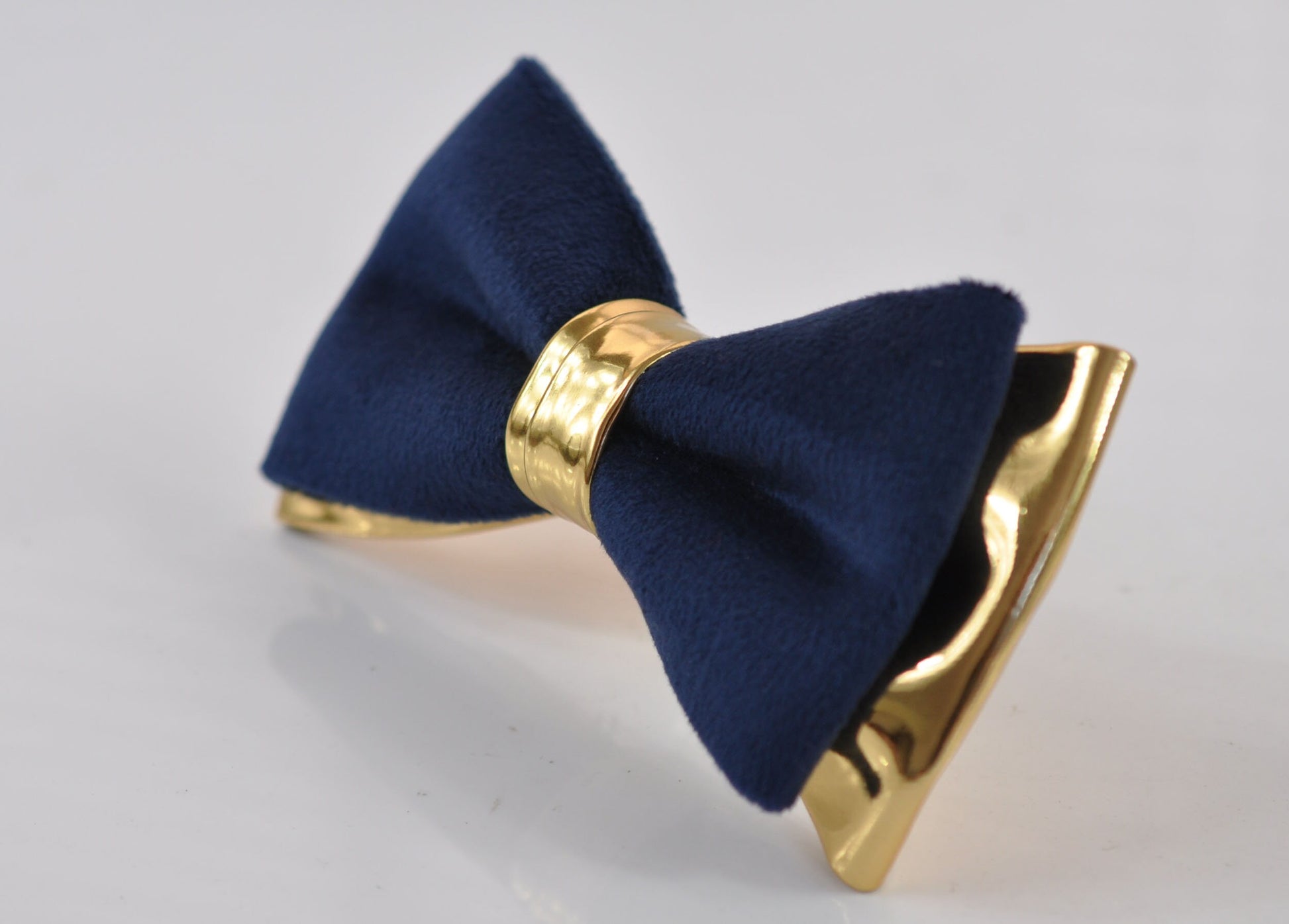 Navy Blue Velvet + Gold Golden Faux Leather 2 Layers Bow tie Bowtie for Men Adult / Youth Teenage / Boy Kids / Baby Infant Toddler