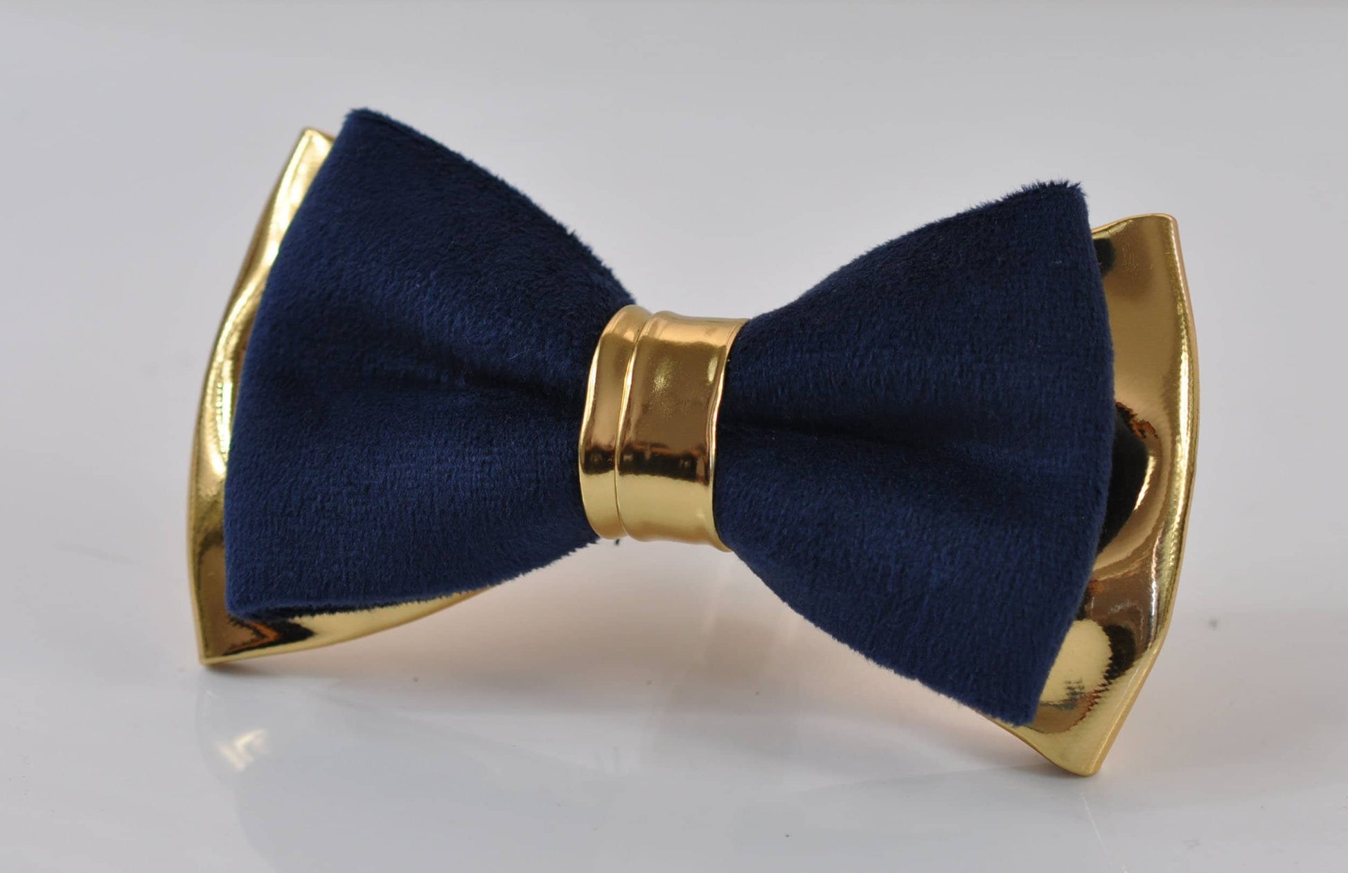 Navy Blue Velvet + Gold Golden Faux Leather 2 Layers Bow tie Bowtie for Men Adult / Youth Teenage / Boy Kids / Baby Infant Toddler