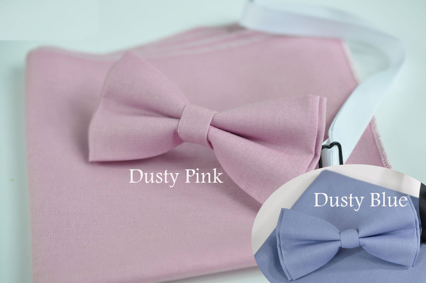 Dusty Dusky Blush Pink / Dusty Blue Bow tie + Pocket Square Hanky Handerchief for Men Adult / Youth Teenage / Boy Kids / Baby Infant Toddler