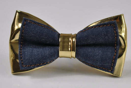 Navy Blue Denim + Gold Golden Faux Leather 2 Layers Pre Tied Bow tie Bowtie for Men Adult / Youth Teenage / Boy Kids / Baby Infant Toddler