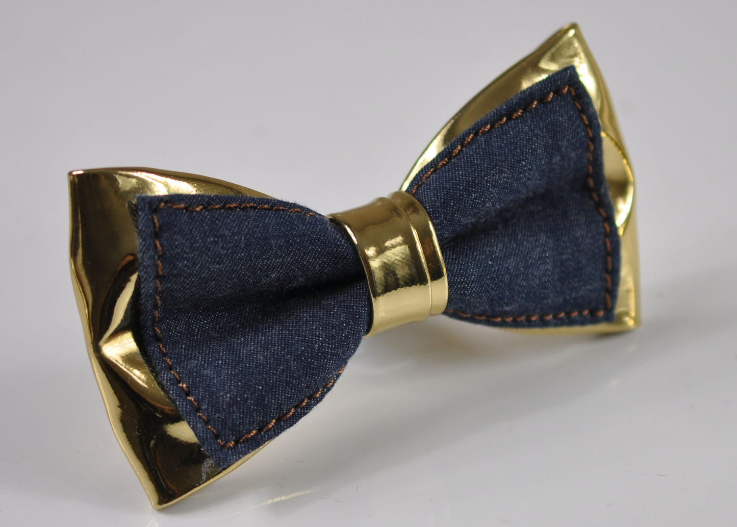 Navy Blue Denim + Gold Golden Faux Leather 2 Layers Pre Tied Bow tie Bowtie for Men Adult / Youth Teenage / Boy Kids / Baby Infant Toddler