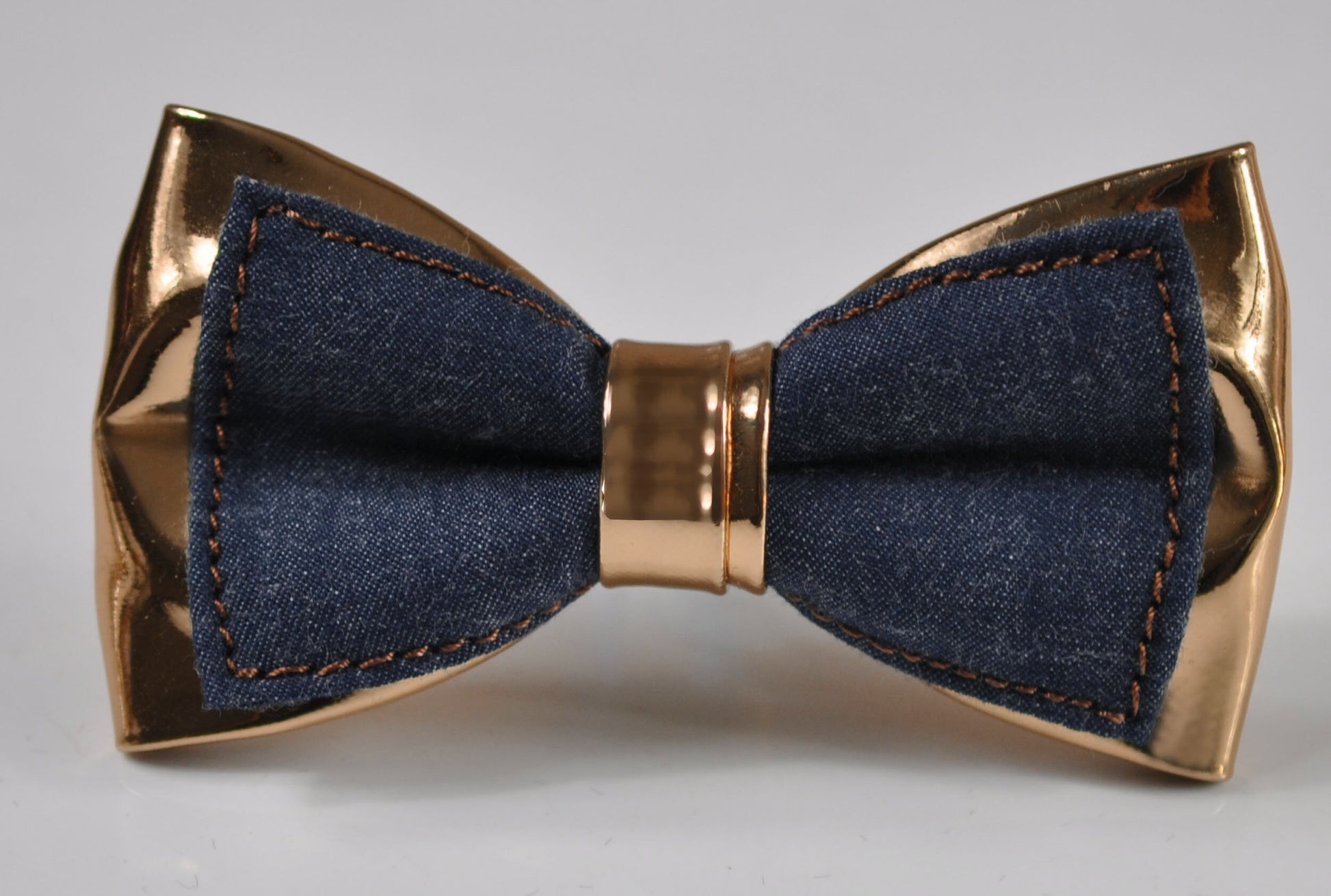 Navy Blue Denim + Rose Gold Golden Faux Leather 2 Layers Bow tie Bowtie for Men Adult / Youth Teenage / Boy Kids / Baby Infant Toddler