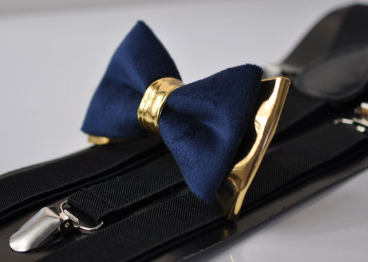 Navy Blue Velvet and Gold Faux Leather Bow tie + Black Elastic Suspenders Braces for baby infant / Toddler Boy Kids / Youth Teenage / Adult