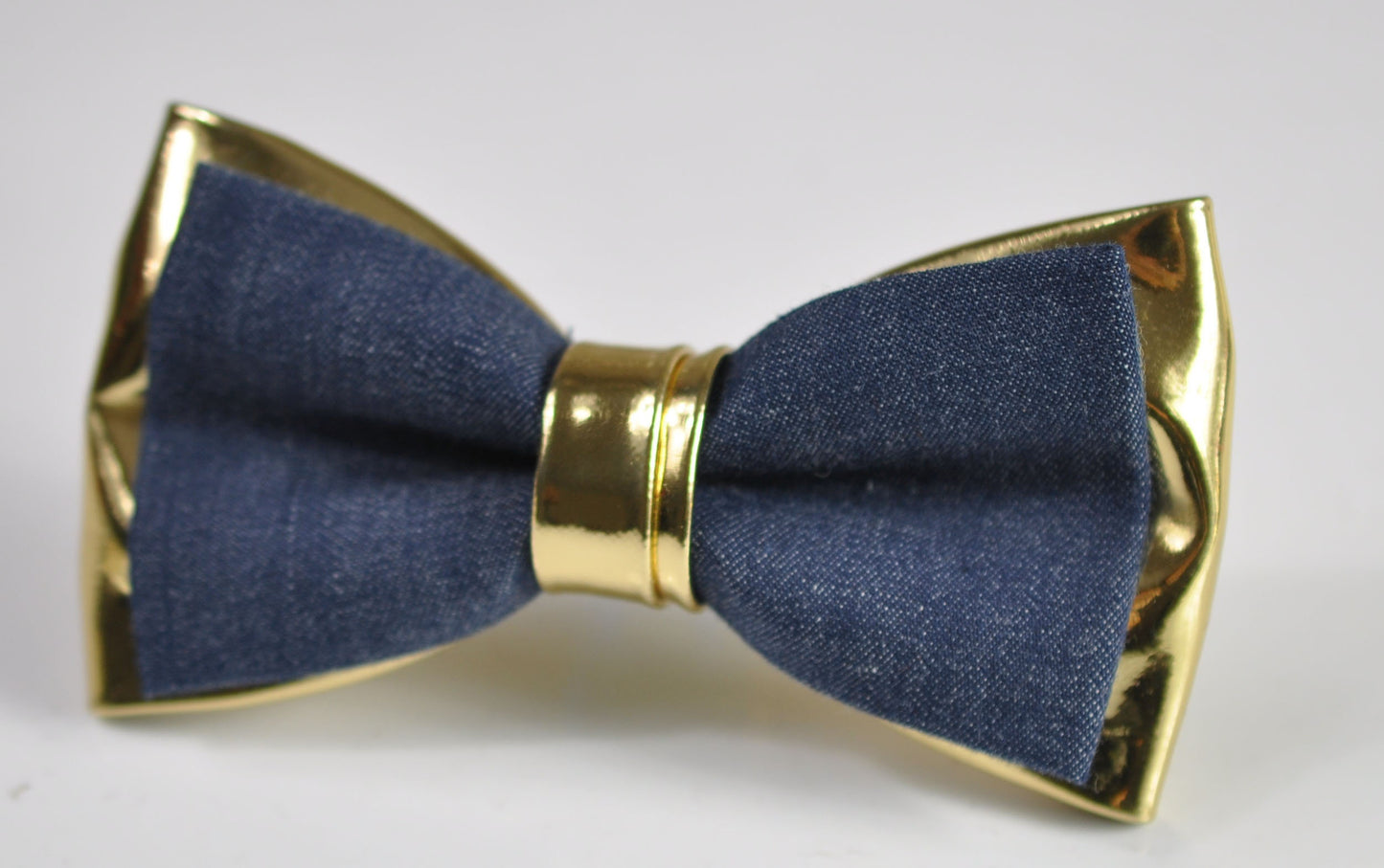 Navy Blue Denim Gold Faux Leather Bow Tie + Khaki Beige Elastic Suspenders Braces for Men / Youth Teenage / Boy Kids / Baby Infant Toddler