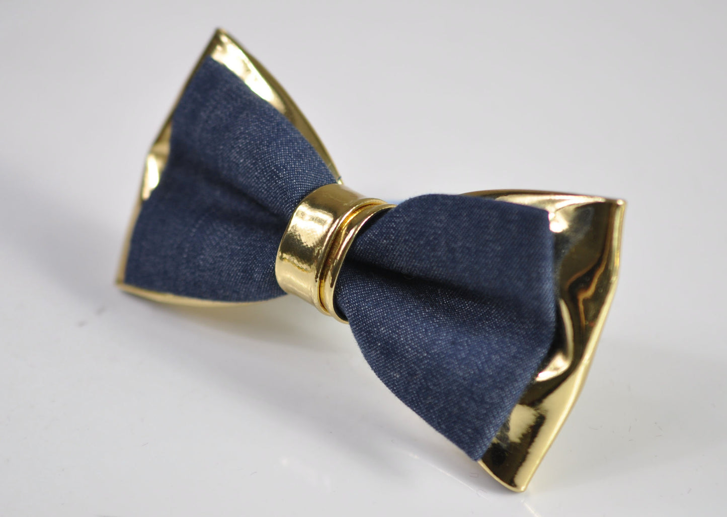 Navy Blue Denim Gold Faux Leather Bow Tie + Khaki Beige Elastic Suspenders Braces for Men / Youth Teenage / Boy Kids / Baby Infant Toddler