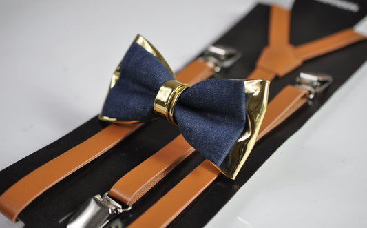 Navy Blue Denim and Gold Faux Leather Bow Tie + Tan Brown Faux Leather Suspenders Braces for Men / Youth Teenage / Boy Kids / Baby Toddler