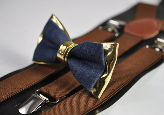 Navy Blue Denim Gold Faux Leather Bow Tie + Brown Elastic Suspenders Braces for Men / Youth Teenage / Boy Kids / Baby Infant Toddler