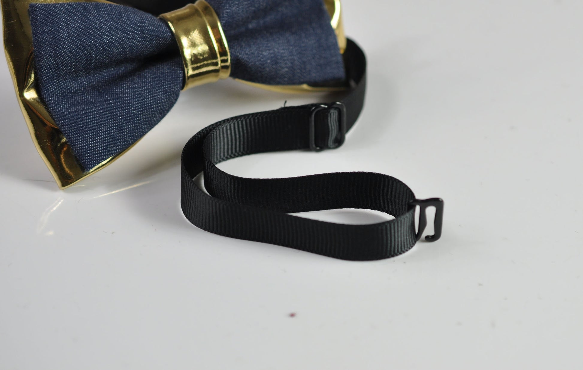 Navy Blue Denim Gold Faux Leather Bow Tie + Brown Elastic Suspenders Braces for Men / Youth Teenage / Boy Kids / Baby Infant Toddler