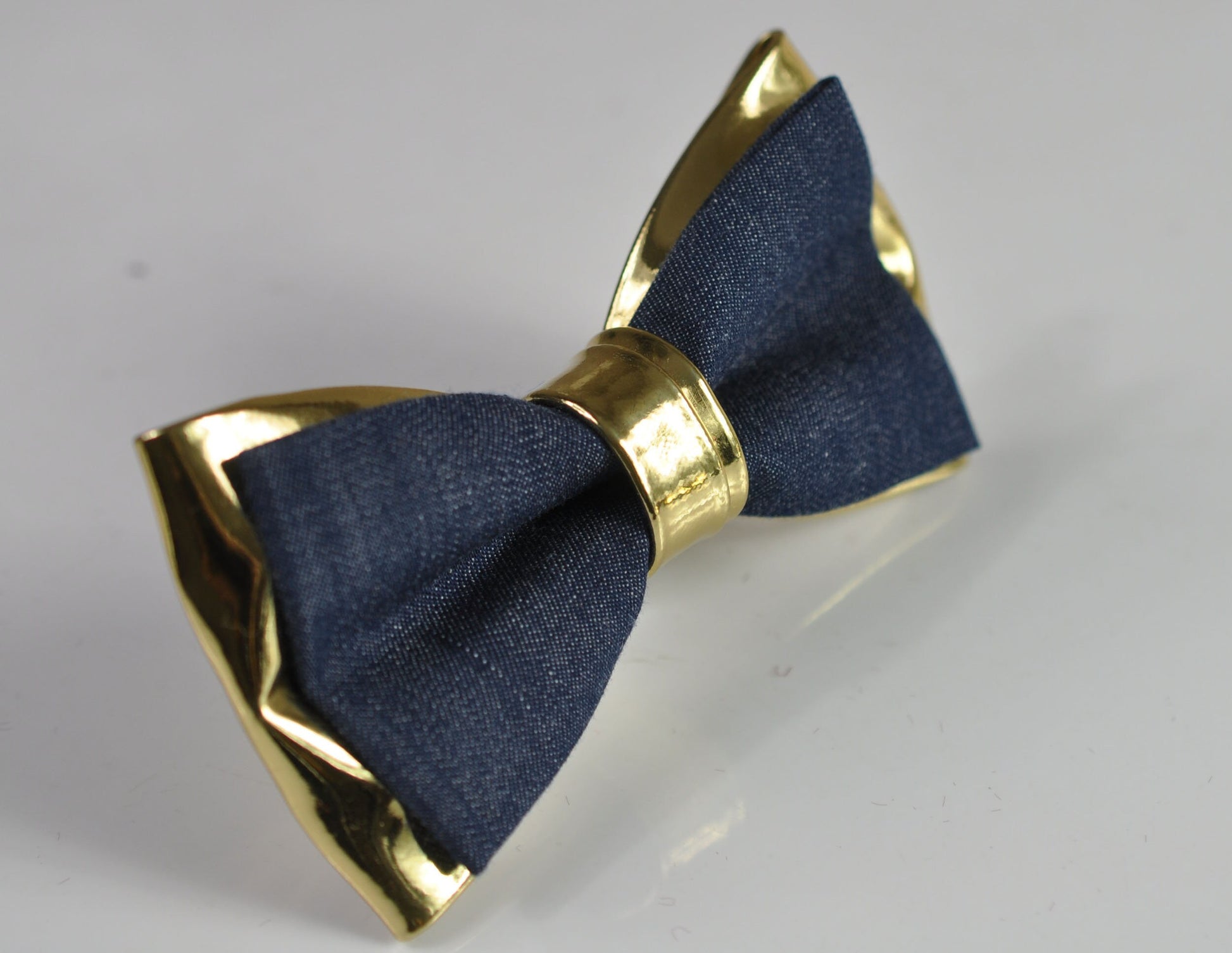 Navy Blue Denim and Gold Faux Leather Bow Tie + Brown Faux Leather Suspenders Braces for Men / Youth Teenage / Boy Kids / Baby Toddler