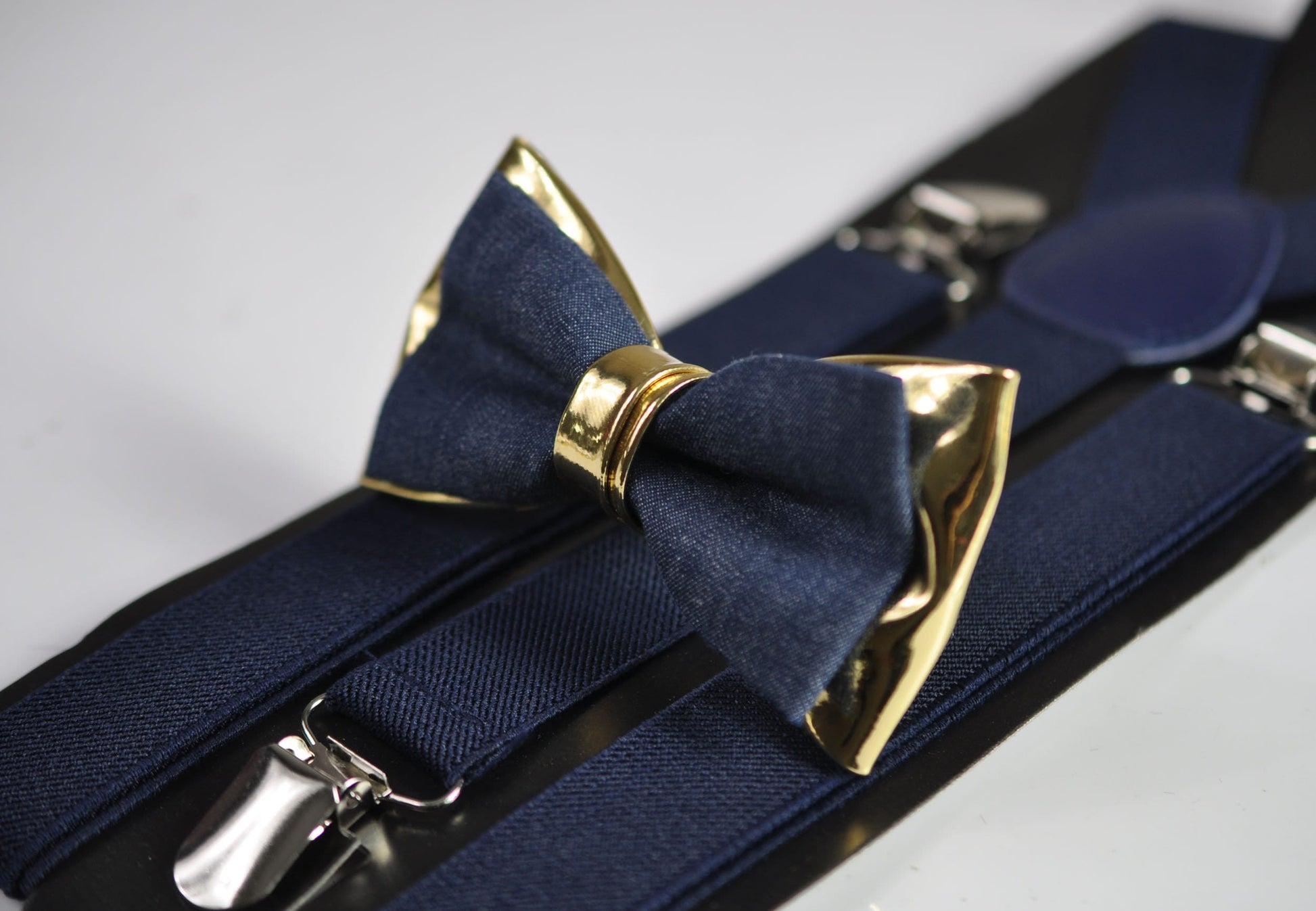 Navy Blue Denim Gold Faux Leather Bow Tie + Brown Elastic Suspenders Braces for Men / Youth Teenage / Boy Kids / Baby Infant Toddler