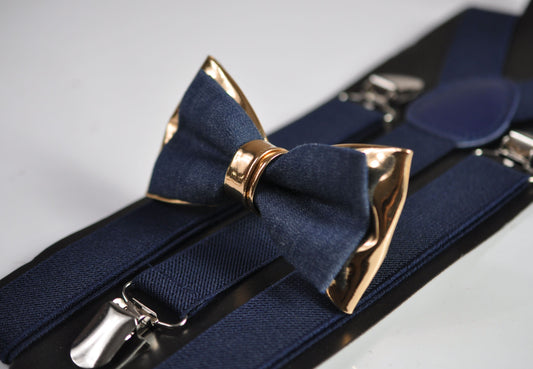 Navy Blue Denim Rose Gold Faux Leather Bow Tie + Brown Elastic Suspenders Braces for Men / Youth Teenage / Boy Kids / Baby Infant Toddler