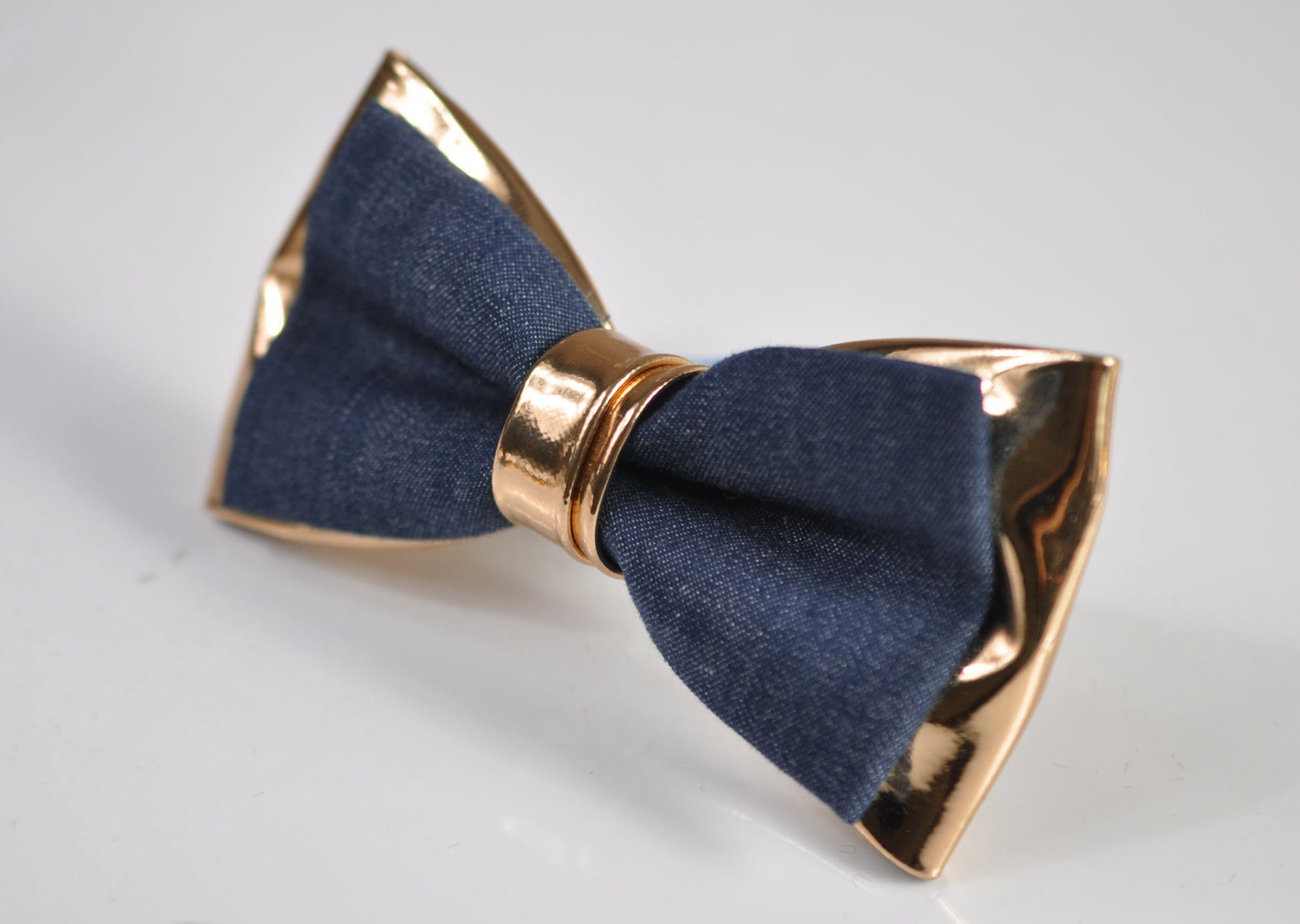 Navy Blue Denim Rose Gold Faux Leather Bow tie + Tan Brown Faux Leather Suspenders Braces for Men / Youth Teenage / Boy Kids / Baby Toddler