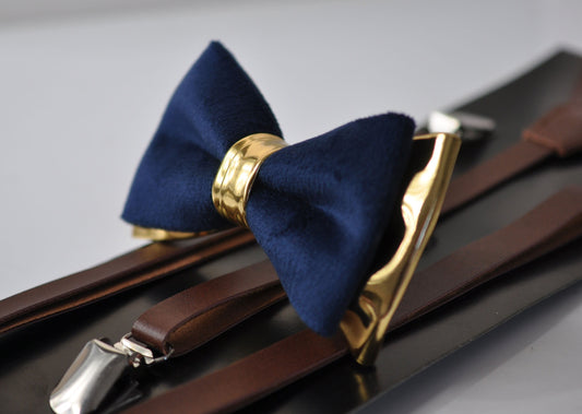 Navy Blue Velvet and Gold Faux Leather Bow tie + Brown Faux Leather Suspenders for Youth Teenage / Toddler Boy Kids / Baby Infant