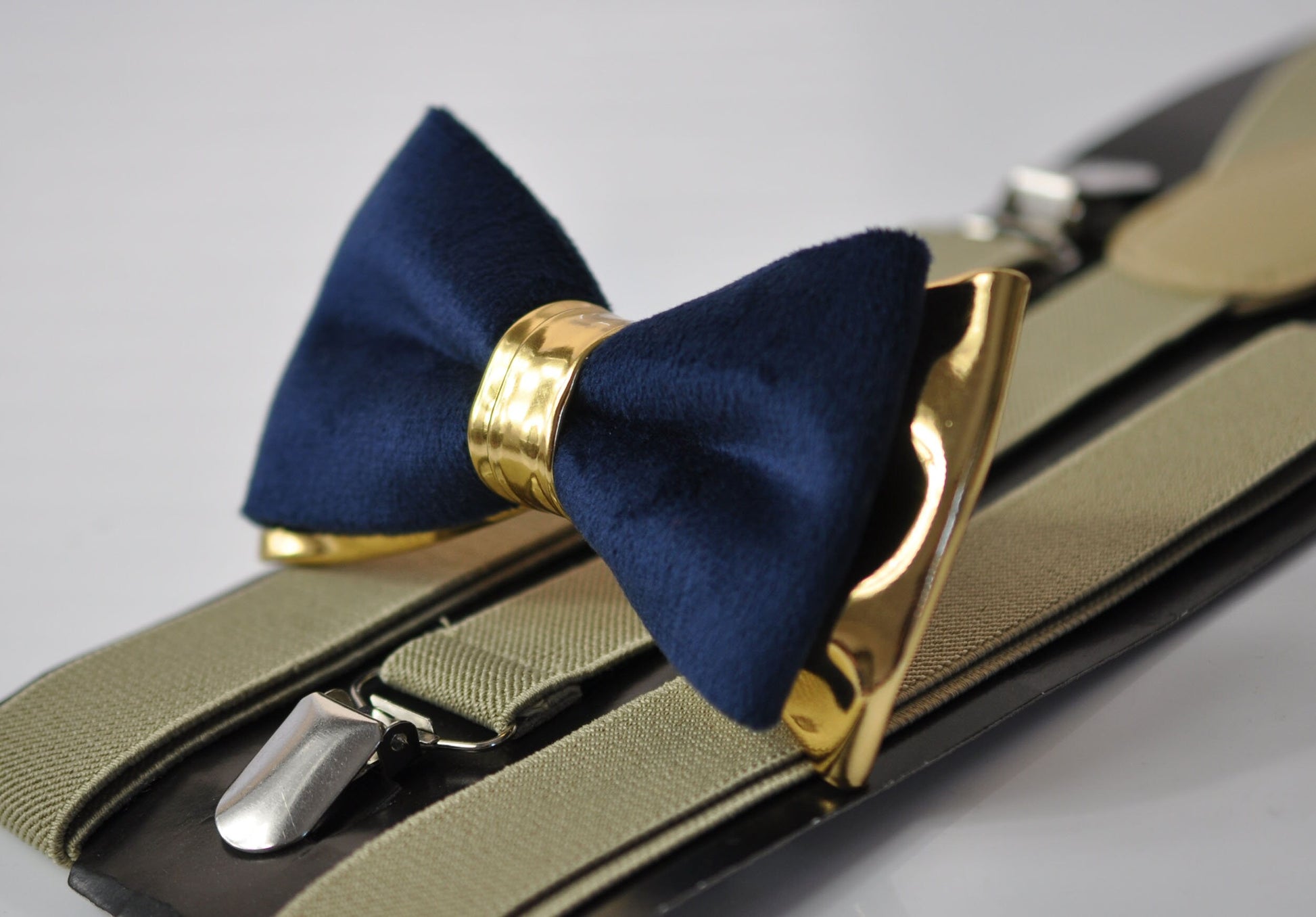Navy Blue Velvet Gold Faux Leather Bow tie + Brown Beige Elastic Suspenders Braces for Men / Youth Teenage / Boy Kids / Baby Infant Toddler