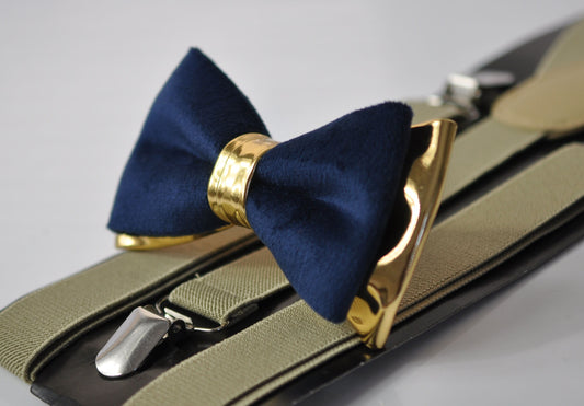 Navy Blue Velvet Gold Faux Leather Bow tie + Brown Beige Elastic Suspenders Braces for Men / Youth Teenage / Boy Kids / Baby Infant Toddler
