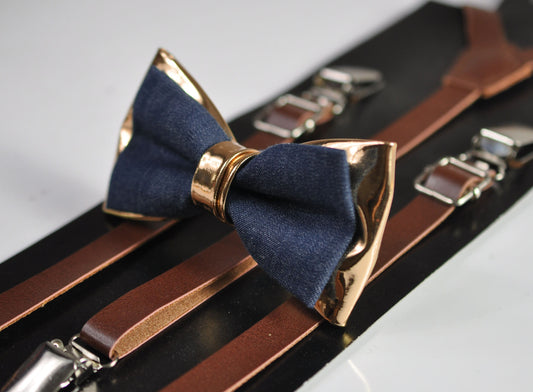 Navy Blue Denim and Rose Gold Faux Leather Bow Tie + Brown Faux Leather Suspenders Braces for Men / Youth Teenage / Boy Kids / Baby Toddler