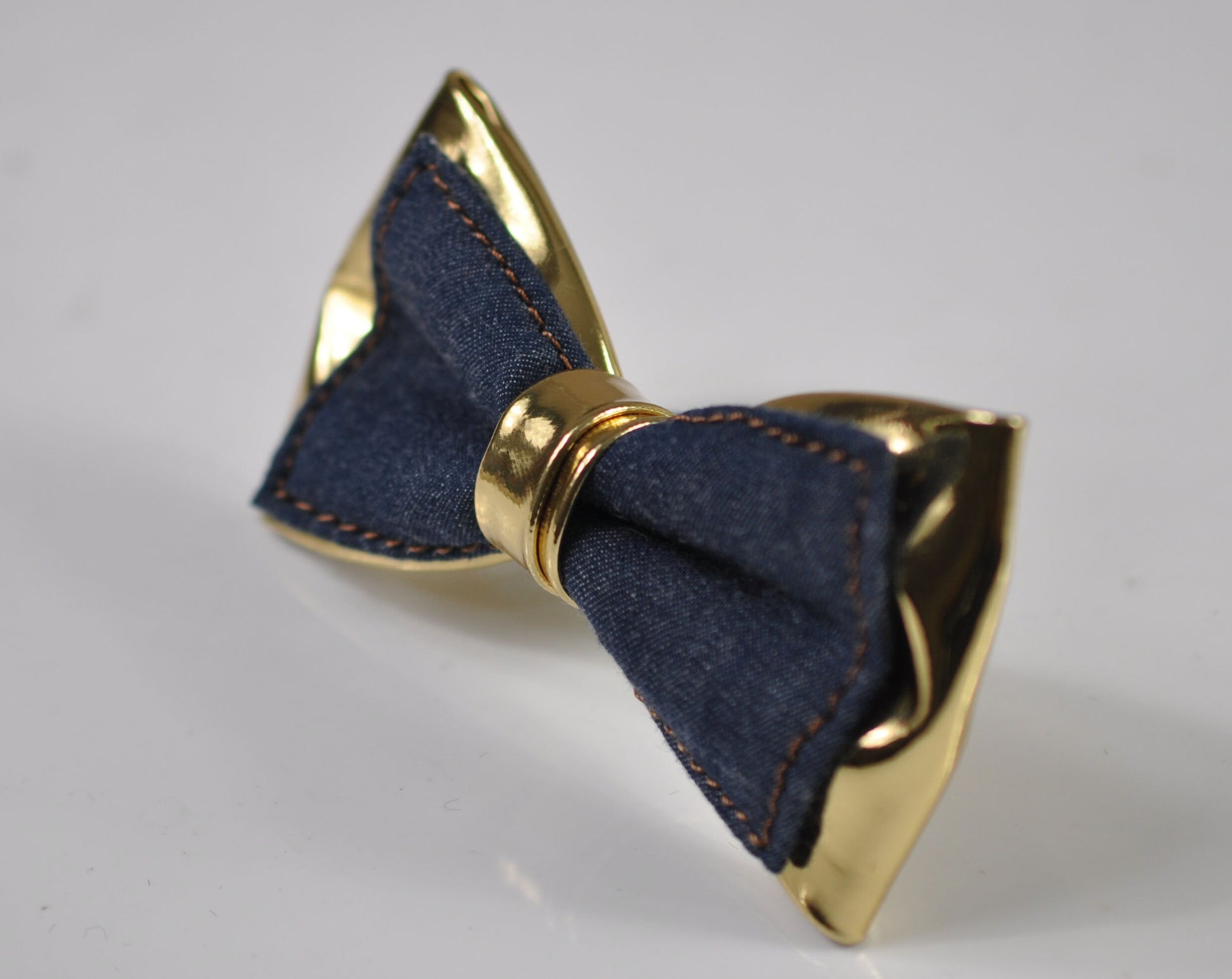 Navy Blue Denim Gold Faux Leather Bow Tie + Navy Blue Elastic Suspenders Braces for Men / Teenage / Boy Kids / Baby Infant Toddler