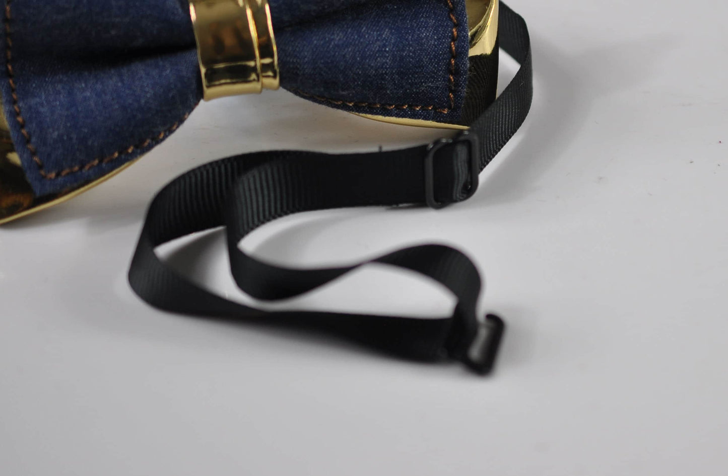 Navy Blue Denim Gold Faux Leather Bow Tie + Navy Blue Elastic Suspenders Braces for Men / Teenage / Boy Kids / Baby Infant Toddler