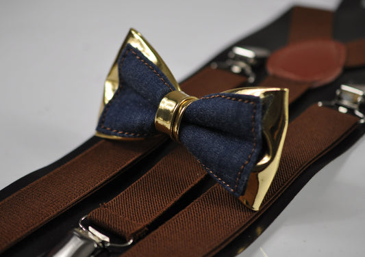 Navy Blue Denim Gold Faux Leather Bow Tie + Brown Elastic Suspenders Braces for Men / Teenage / Boy Kids / Baby Infant Toddler