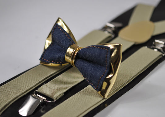 Navy Blue Denim Gold Faux Leather Bow Tie + Khaki Beige Elastic Suspenders Braces for Men / Teenage / Boy Kids / Baby Infant Toddler