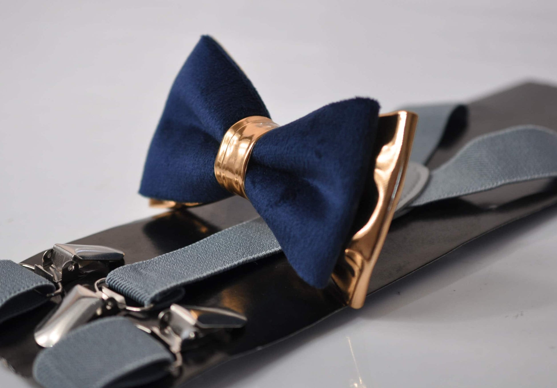 Navy Blue Velvet Rose Gold Faux Leather Bow tie + Grey Elastic Suspenders Braces for Men / Youth Teenage / Boy Kids / Baby Infant Toddler