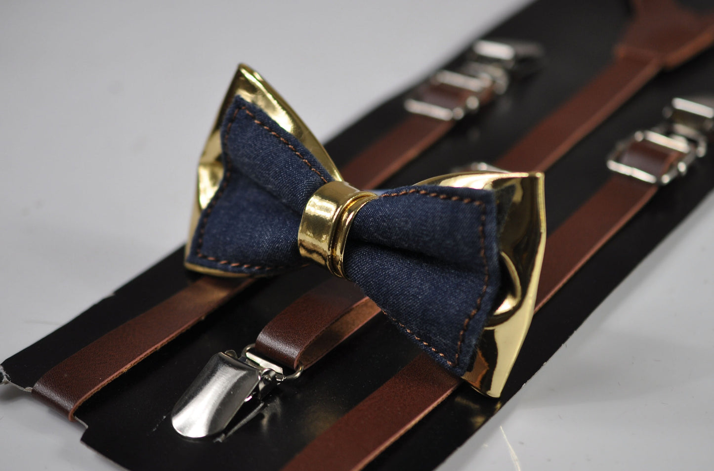 Navy Blue Denim and Gold Faux Leather Bow Tie + Brown Faux Leather Suspenders Braces for Men / Youth Teenage / Boy Kids / Baby Toddler