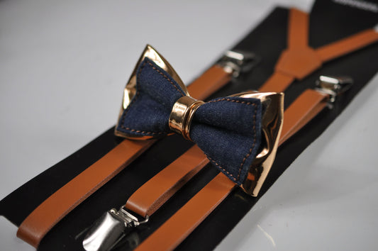 Navy Blue Denim Rose Gold Faux Leather Bow Tie + Tan Brown Faux Leather Suspenders Braces for Men / Youth Teenage / Boy Kids / Baby Toddler