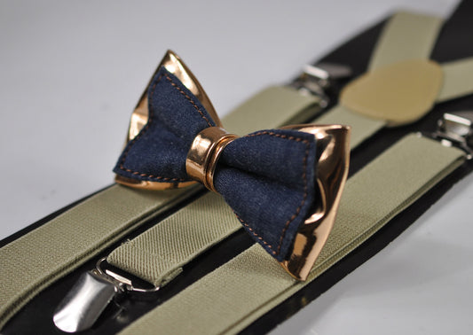 Navy Blue Denim Rose Gold Faux Leather Bow Tie + Khaki Beige Elastic Suspenders Braces for Men / Teenage / Boy Kids / Baby Infant Toddler